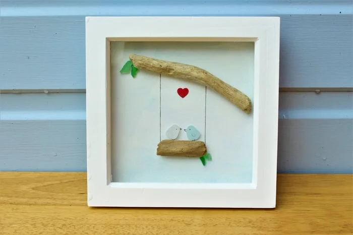 ❤️“together forever ”-Sea Glass & Driftwood Bird Lovers Art