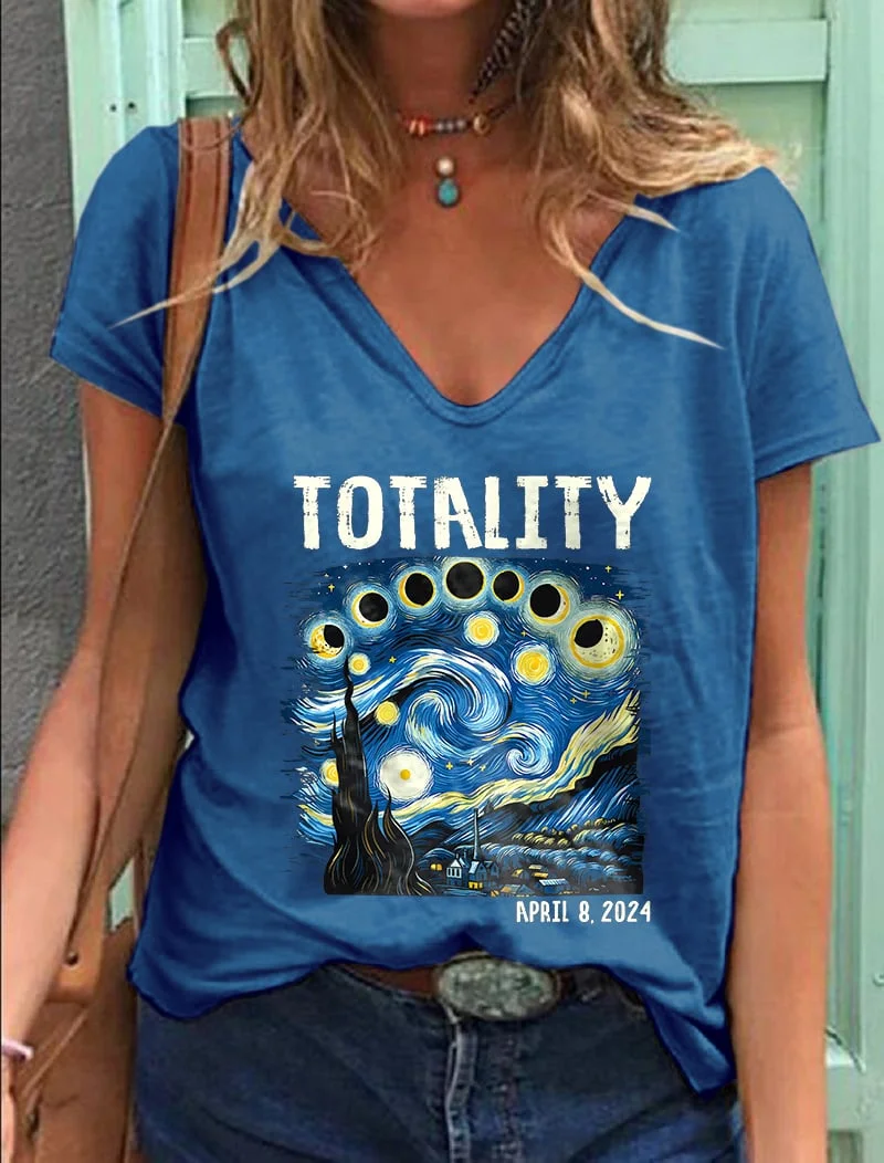 V-Neck Retro Starry Night & Totality Solar Eclipse Of April 8, 2024 Print T-Shirt