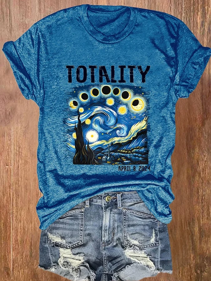 RetroStarry Night & Totality Solar Eclipse Of April 8, 2024 Print T-Shirt